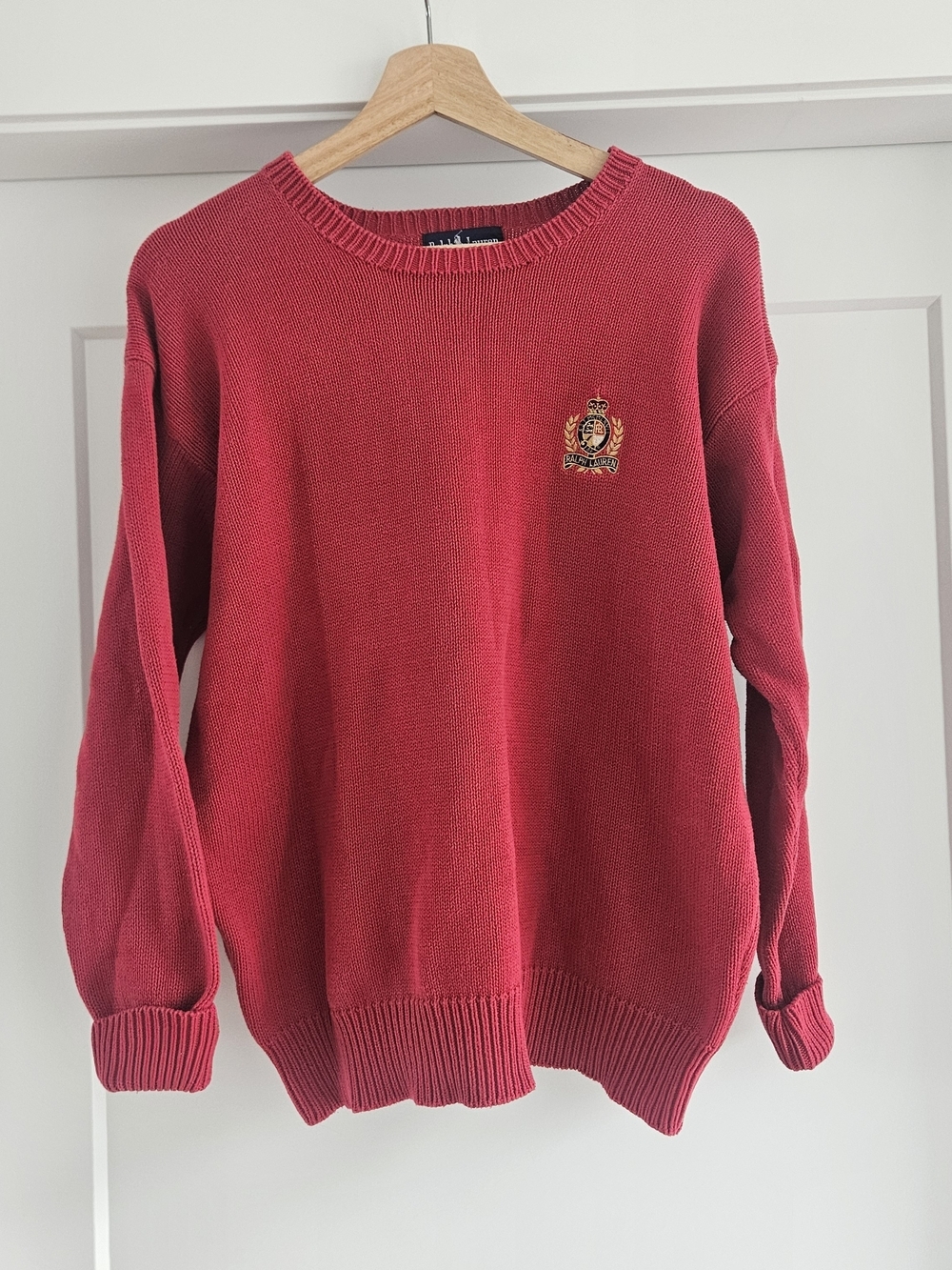 Vintage 90s Ralph Lauren Crest Embroidered Cotton Shaker Knit Sweater Red M